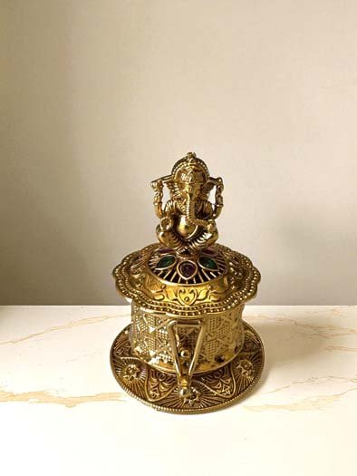 Gold Finish Kumkum Dabbi With Ganesh Ji Idol
