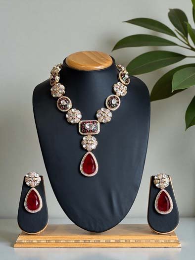 Premium Moissanite Meenakari Necklace Set