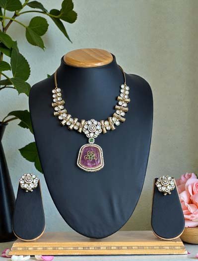 Premium Moissanite Bollywood Necklace Set (Pink)