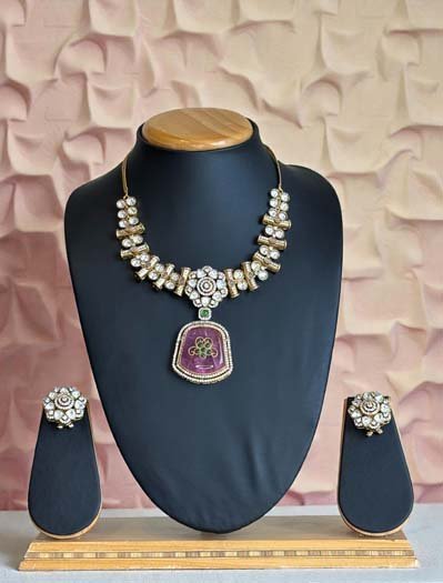 Premium Moissanite Bollywood Necklace Set (Pink)