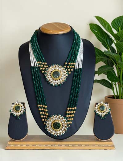 Emerald Pearl Layered Premium Kundan Necklace Set