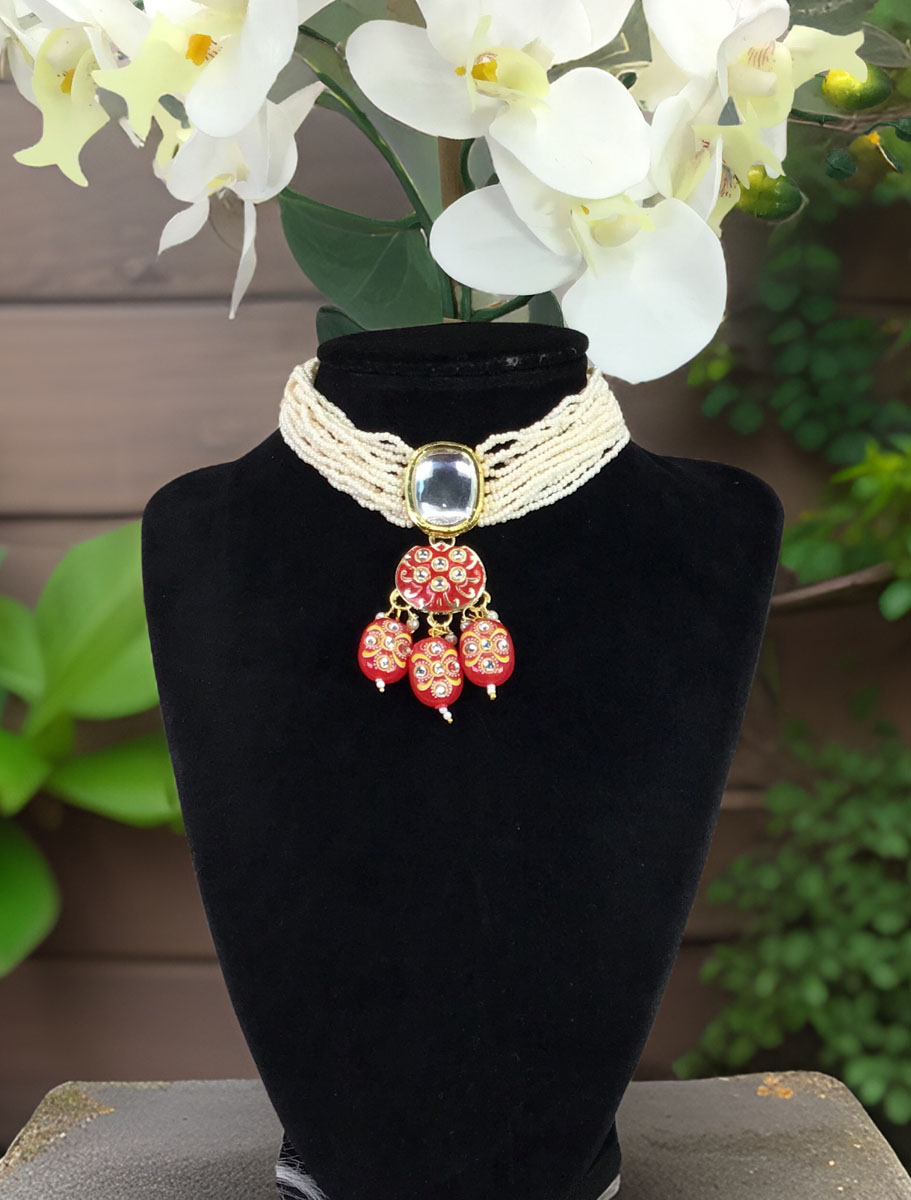 Premium kundan pearl choker with front and back meenakari