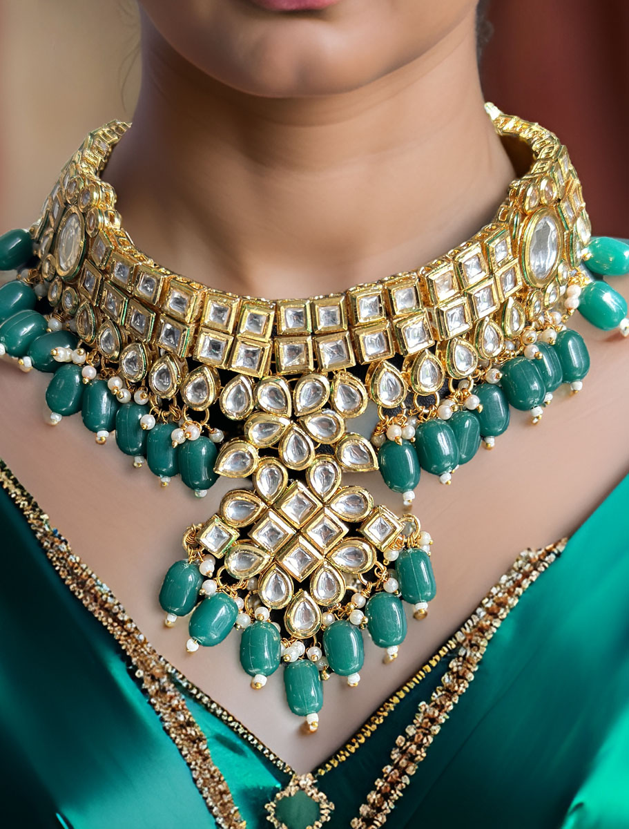 Premium Kundan choker set with green onyx beads