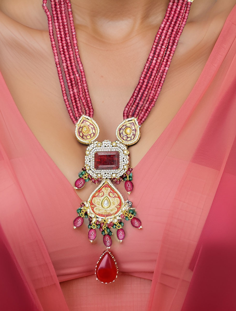 Stylish Ruby Kundan/Monalisa long necklace set