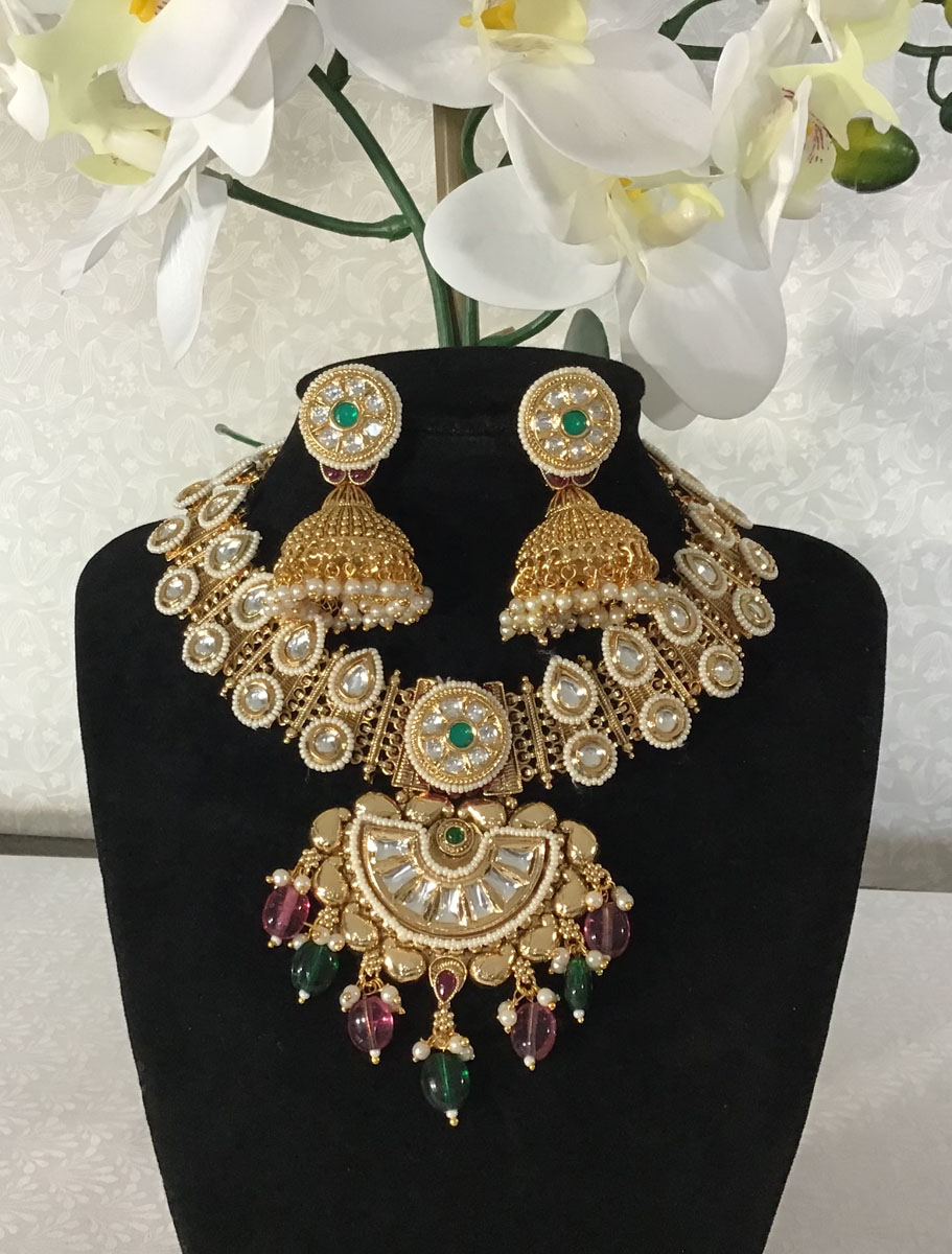 Antique Gold CZ Rajwadi Necklace Set