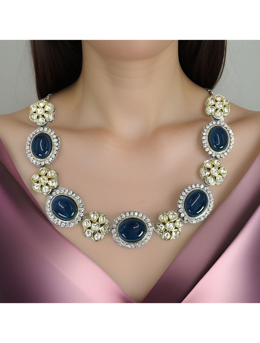 Real Kundan with Blue Monalisa Stones Necklace Set