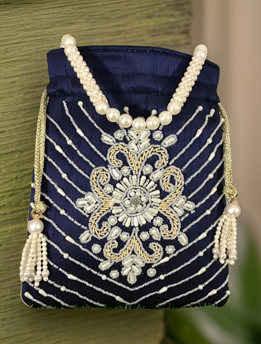 Handmade Pearl Zardosi Embroidered Potli Bag