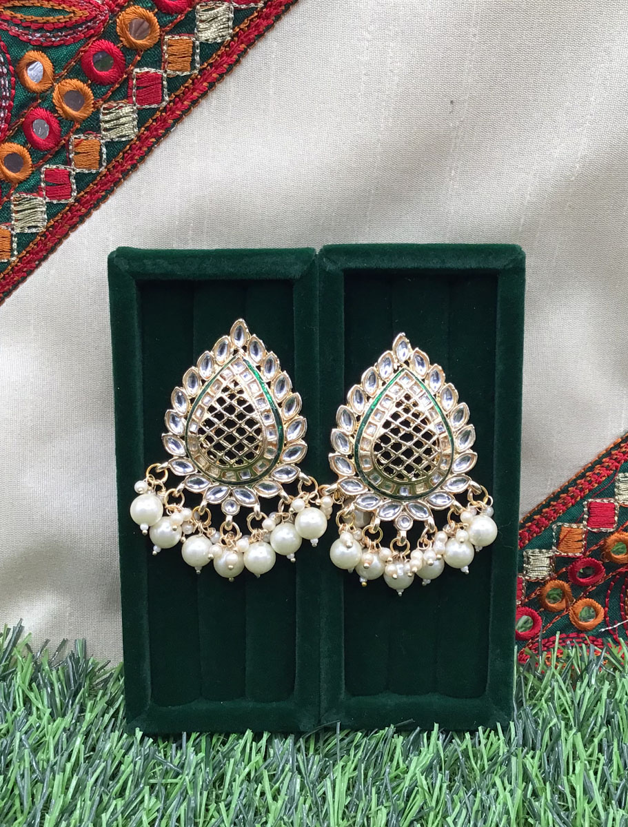 Paan shaped Green Kundan Meenakari Earrings