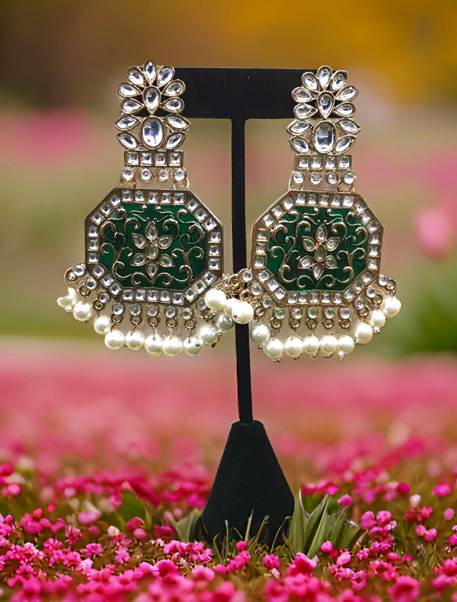 Fancy Polki Kundan Long Earrings with Meenakari Polish