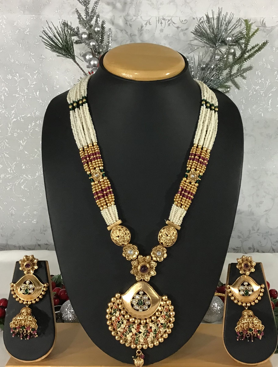 Traditional Meenakari Rajwadi Kundan Pearl Necklace Set