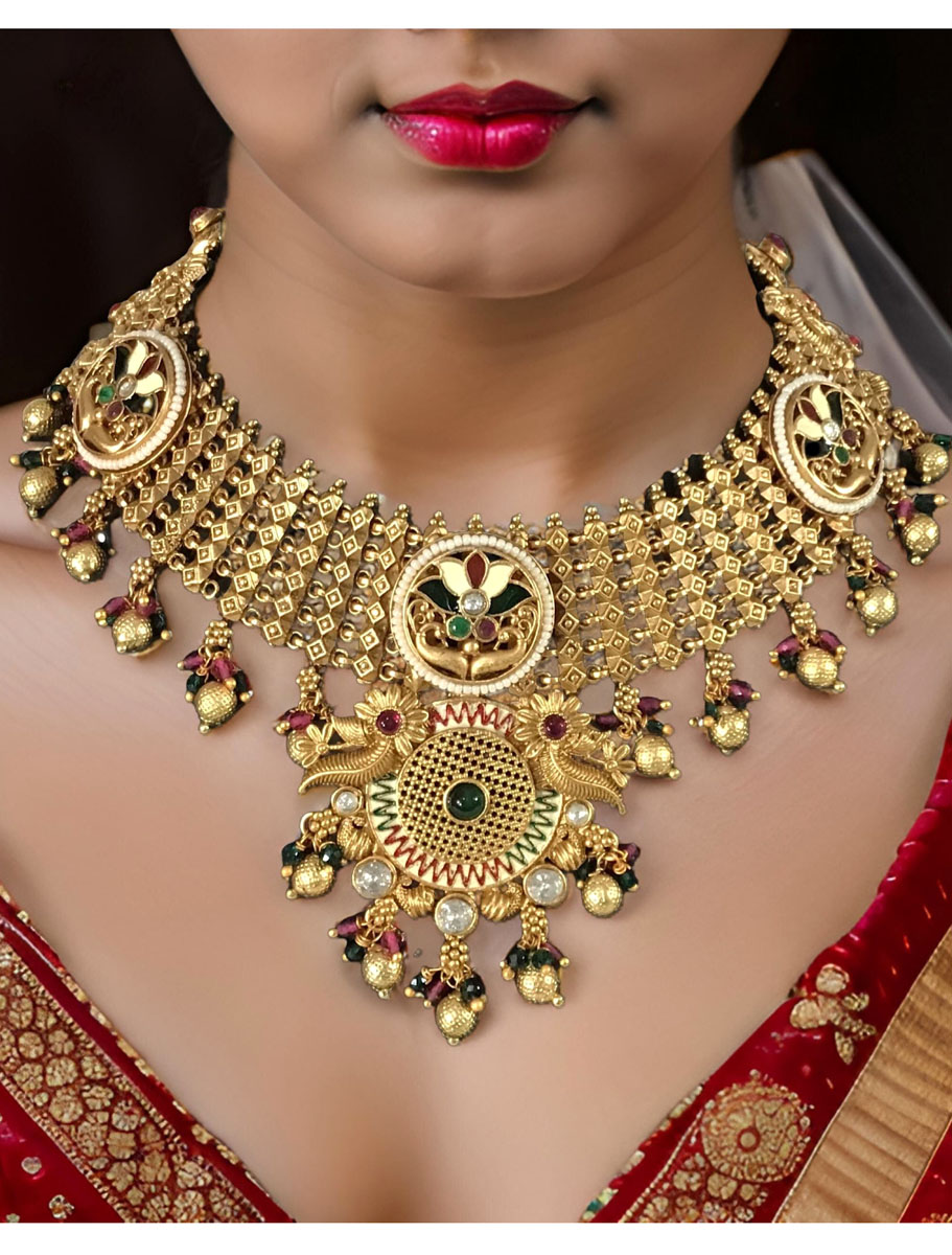 Antique gold finish rajwadi meenakari choker set with maangtika