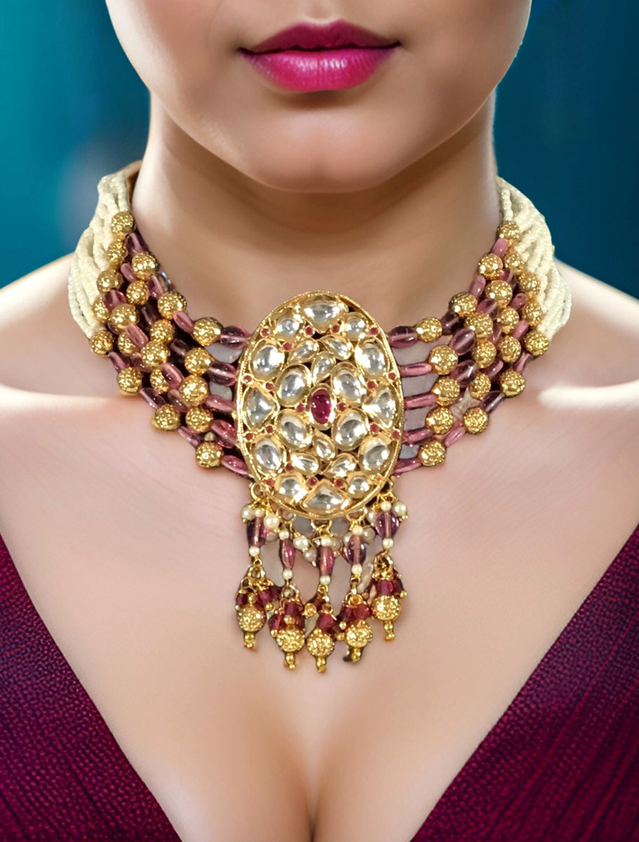 Kundan Choker Set Adorned With Pearls, Pastel Pink and Gold Beads