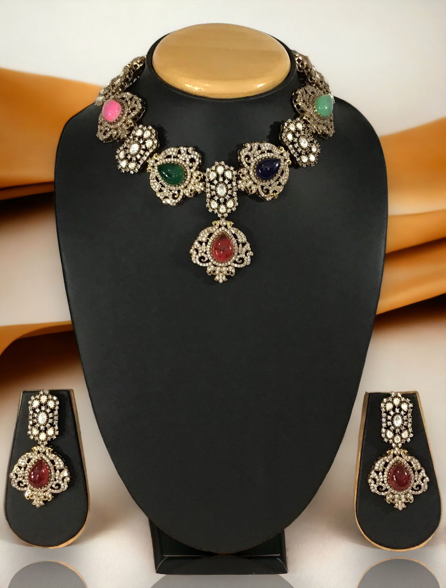 Sabyasachi Inspired Victorian Choker Style Necklace Set with Multicolor stones