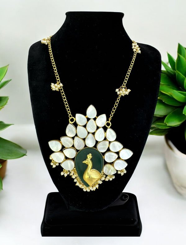 Bollywood Inspired Mother of Pearls Peacock Pendant Long Necklace