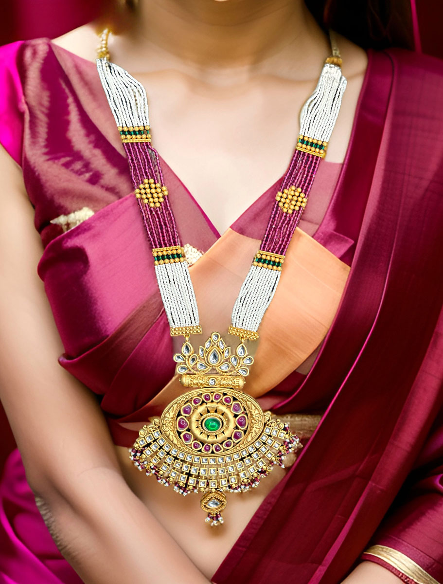 Rajwadi Polki Kundan Long Necklace Set