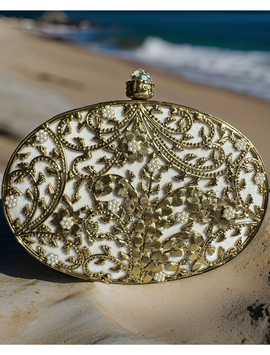 Gold Embellished Gazal Leaf Carved MOP Clutch