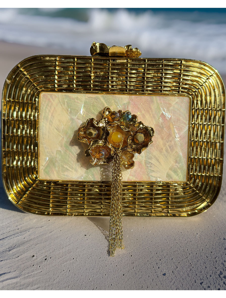 Natural MOP Inlaid Brass Novelty Clutch Bag