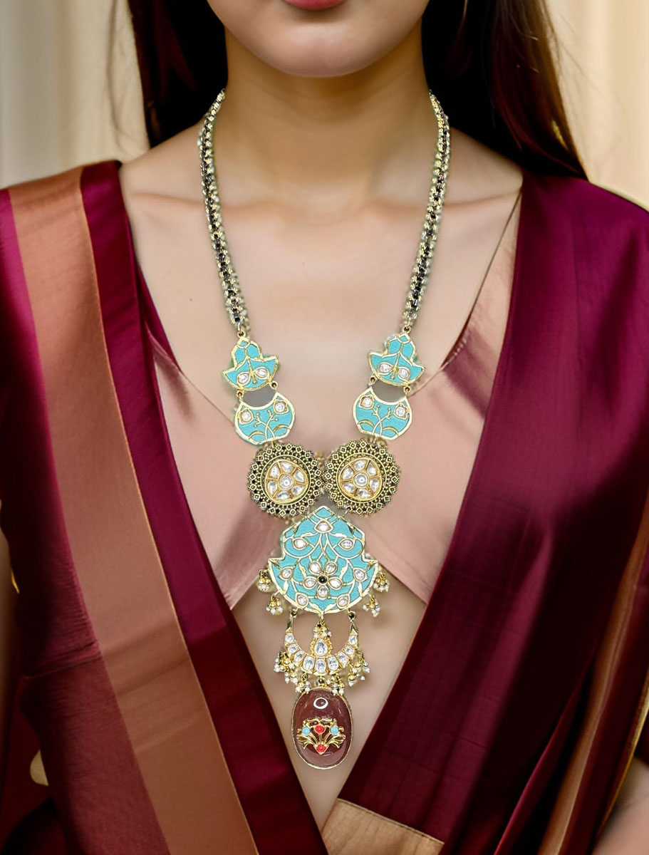 Sabyasachi Inspired Meenakari Fusion Pendant Long  Necklace Set