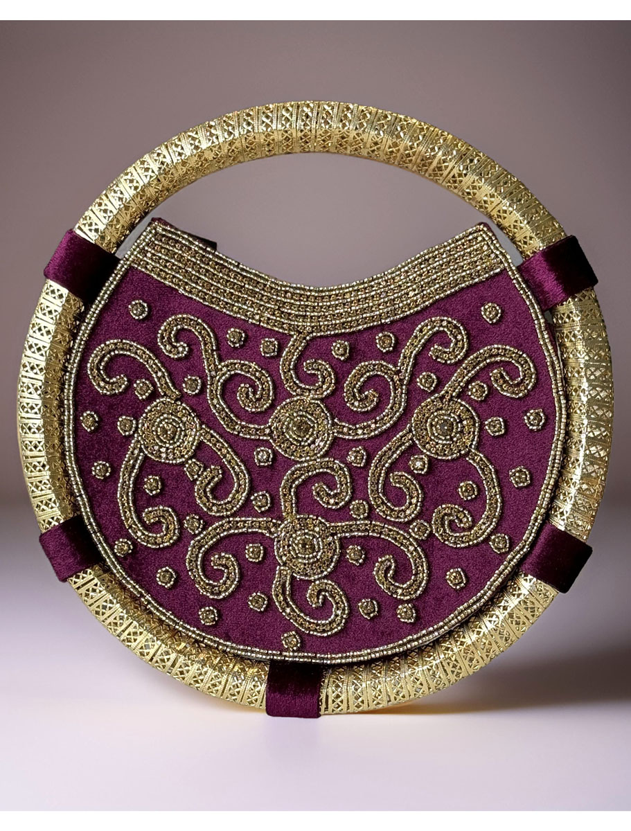 Velvet Embroidered Round Shaped Clutch Bag