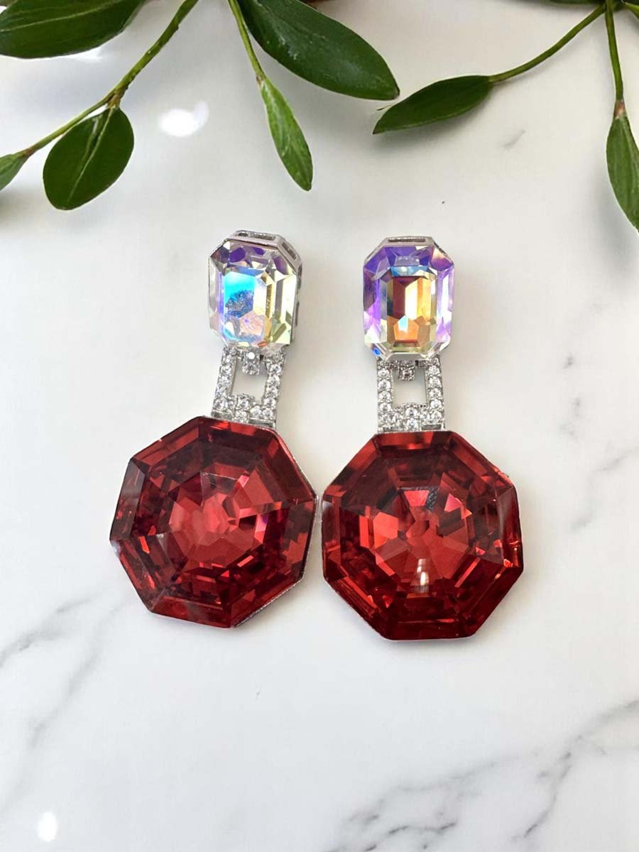 Deep Color Hexagon Swarovski Drop Earrings (Rhodium)