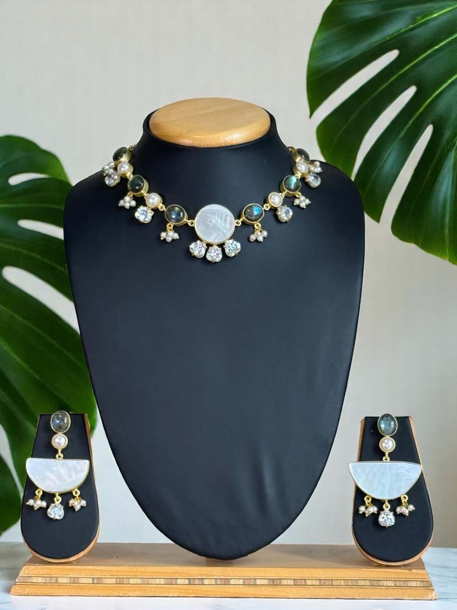 Natural Labrodorite Freshwater Pearls Necklace Set