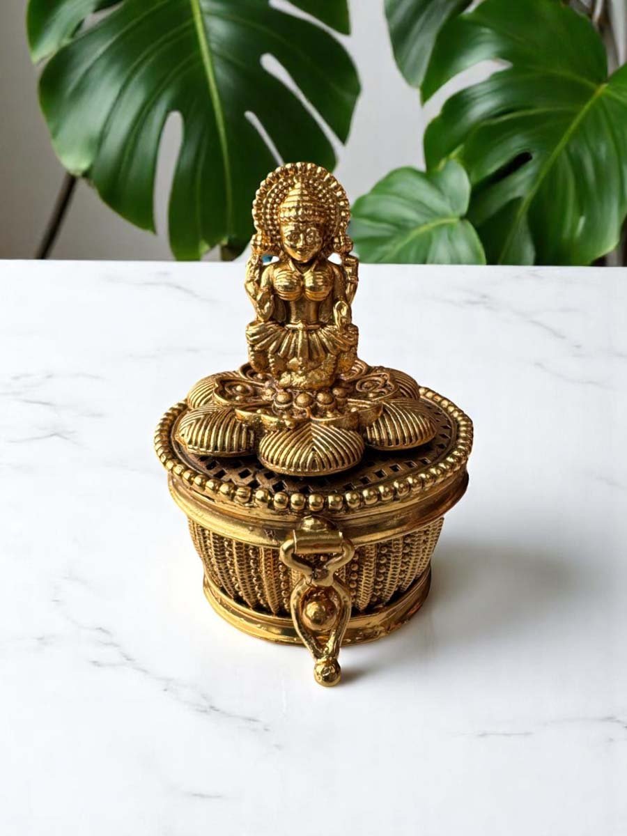 Antique Gold Finished Laxmi Ji Kumkum Dabbi