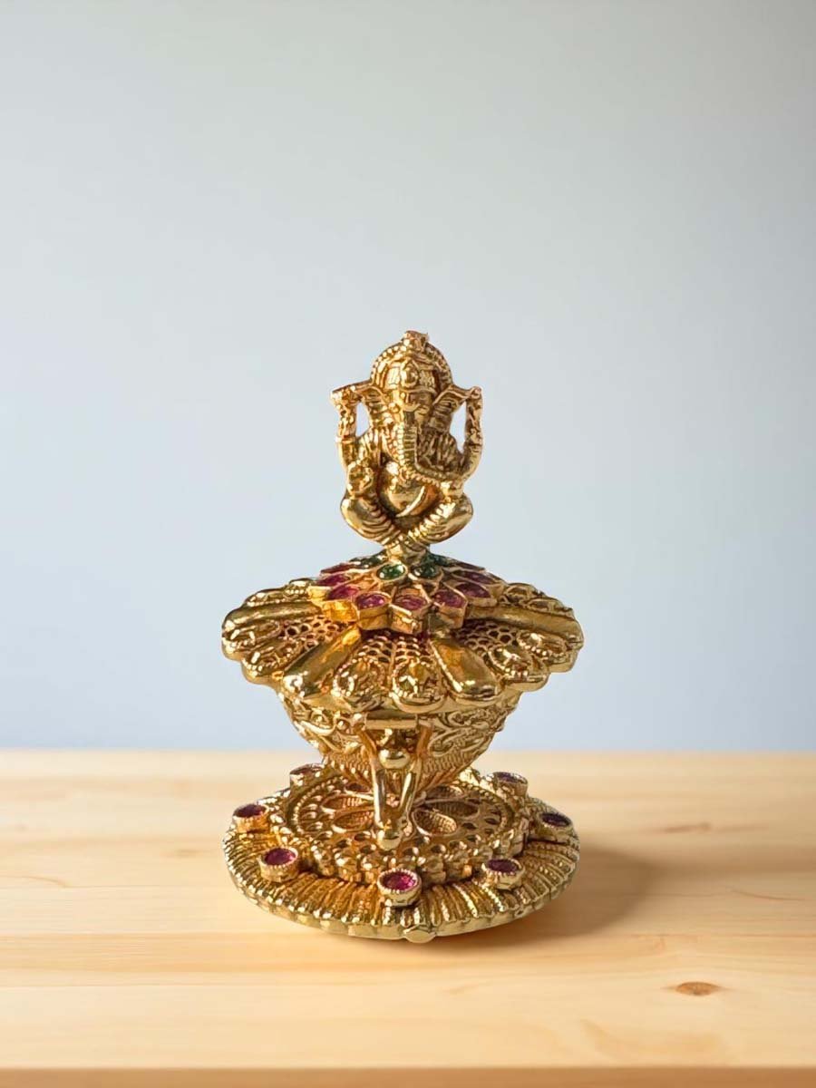 Intricate Ganesha Carving Gold Plated Kumkum Box