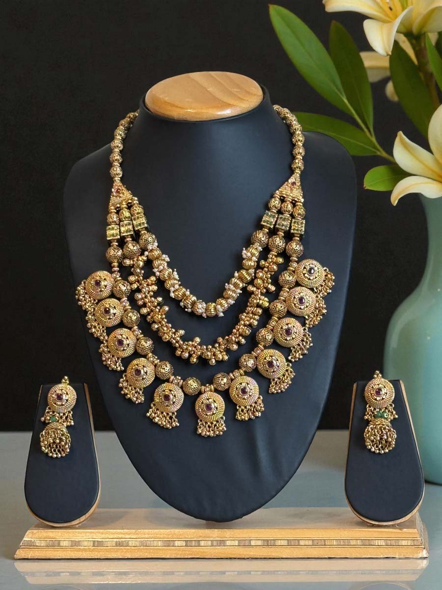 3 Layers Antique Gold Finish Necklace Set