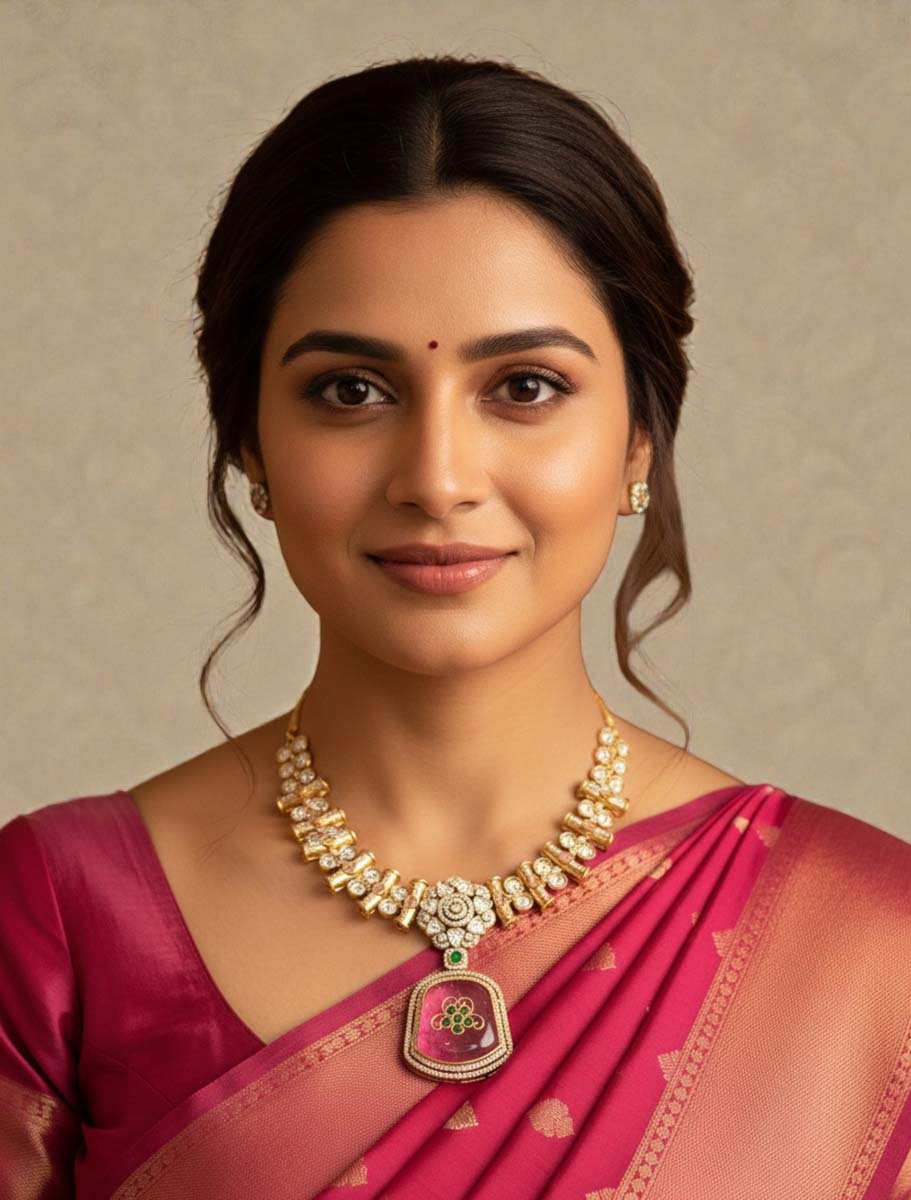 Premium Moissanite Bollywood Necklace Set (Pink)