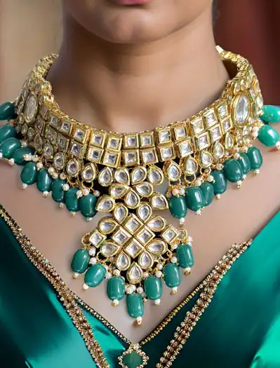 Premium Kundan choker set with green onyx beads