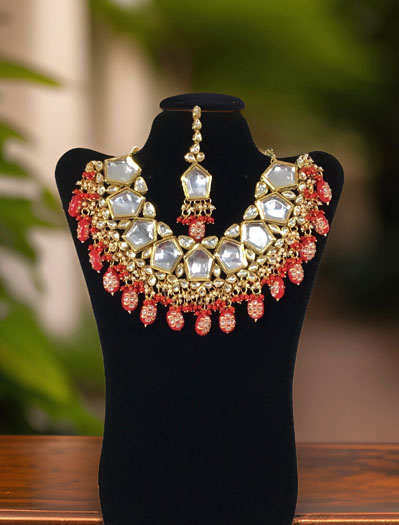 Premium Quality Kundan Set with hight quality handprinted Red hanging beads