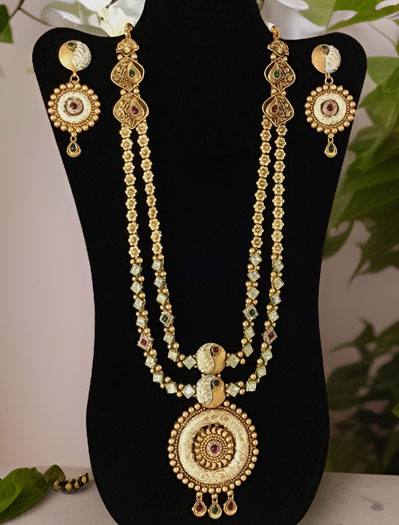 Antique Finish Rajwadi Kundan Long Necklace Set