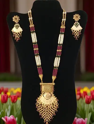 Gold-Plated Rajwadi Long Rani haar with colorful gemstones