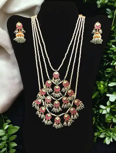 Four Layer Pearl Beaded Pachi Kundan Necklace Set