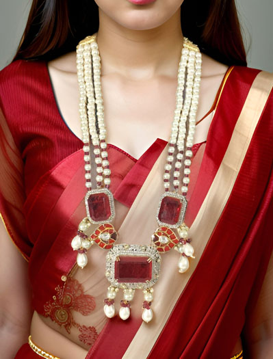 Ruby Diamond Pearl Long Necklace Set