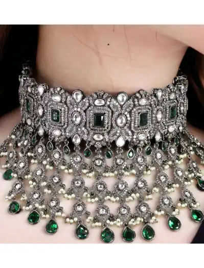 Sabyasachi inspired Victorian Necklace Set with CZ and Emerald green stones