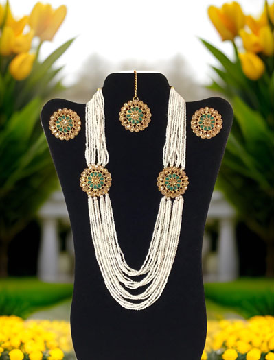 Meenakari Pearl Choker and Long Necklace Combo Set with Maangtika