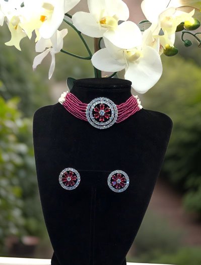 CZ Brooch Beaded Choker Set