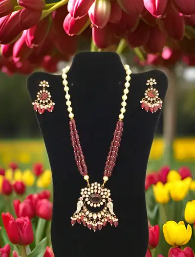 Peacock Design Long Kundan Necklace With Earrings