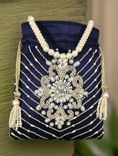 Handmade Pearl Zardosi Embroidered Potli Bag