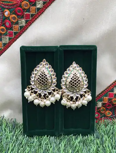 Paan shaped Green Kundan Meenakari Earrings