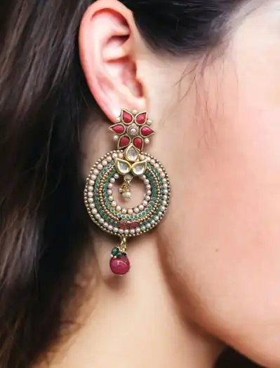 Antique Traditional Style Round Shaped Long Kundan Earrings