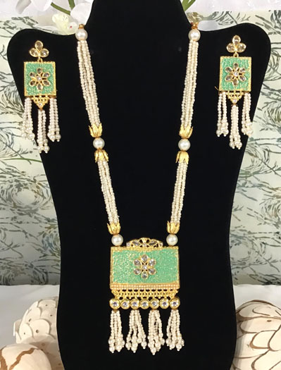 Mint green meenakari long necklace/mala set