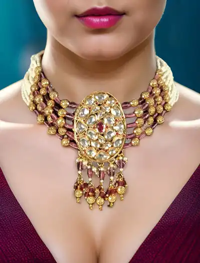 Kundan Choker Set Adorned With Pearls, Pastel Pink and Gold Beads