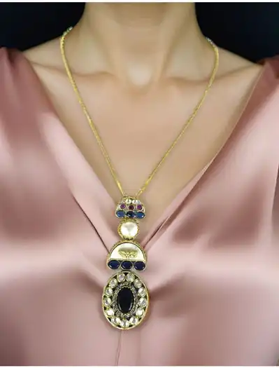 Exclusive Designer Mother of Pearls Navy Blue doublet stone pendant set with a gold plated chain