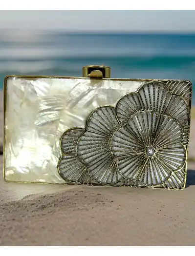 Golden Flower Embellished MOP Two Way Clutch Purse