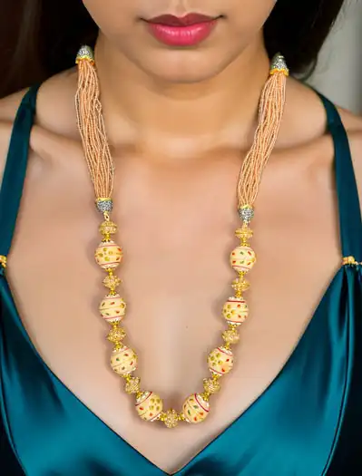 Exquisite Long Pearl Mala Set with Meenakari Kundan