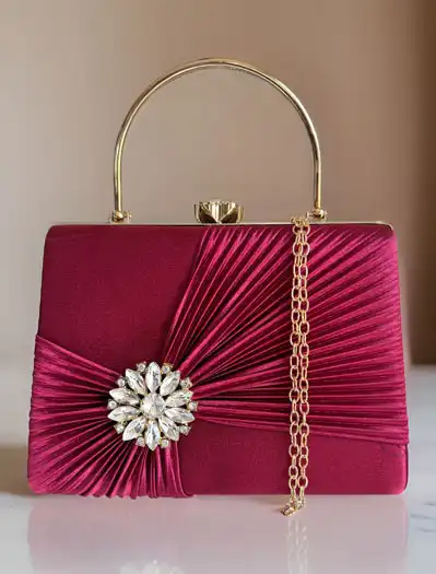 Satin Pleated Evening Bag with a Flower Brooch