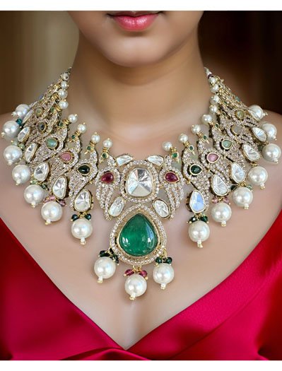 Bollywood Inspired Peacock Carved Kundan CZ Choker Set