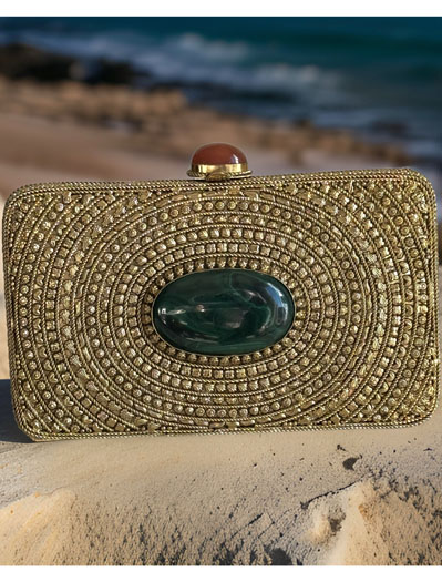 Matt Gold Intricate Designer Clutch with an Emerald Stone